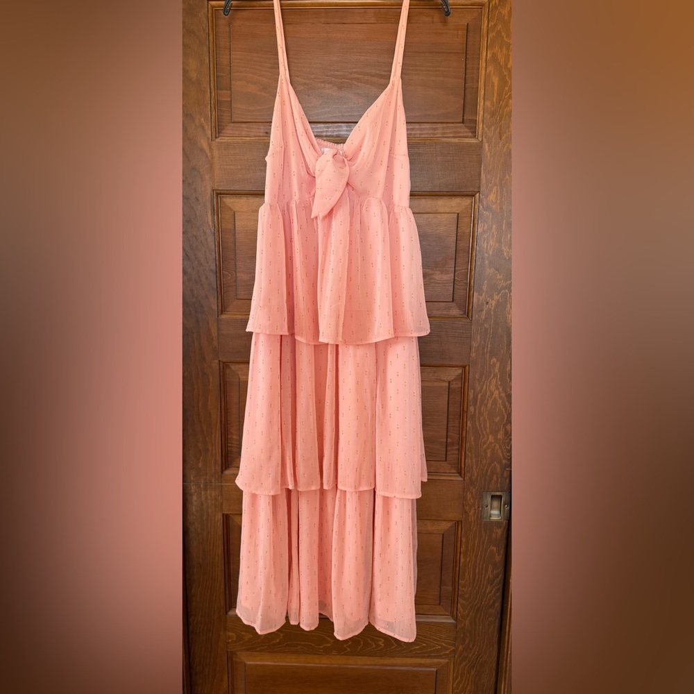 Lauren Conrad Peach and Gold Chiffon Tiered Midi Dress - Picture 2 of 4